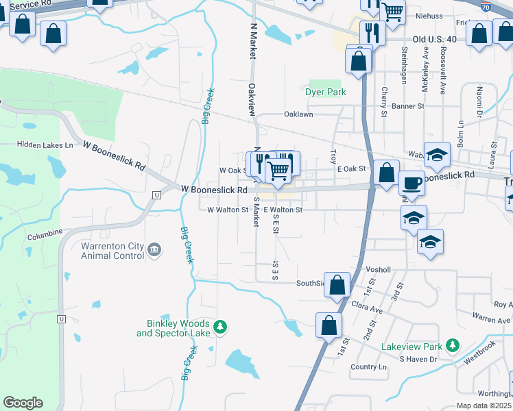 map of restaurants, bars, coffee shops, grocery stores, and more near 131 West Booneslick Road in Warrenton