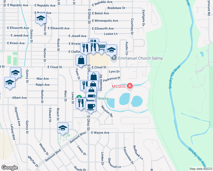 map of restaurants, bars, coffee shops, grocery stores, and more near 1221 Parkwood Drive in Salina