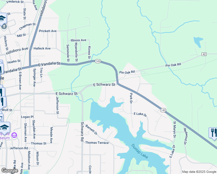 map of restaurants, bars, coffee shops, grocery stores, and more near 1 North Shore Drive in Edwardsville
