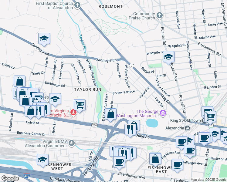 map of restaurants, bars, coffee shops, grocery stores, and more near 721 South View Terrace in Alexandria