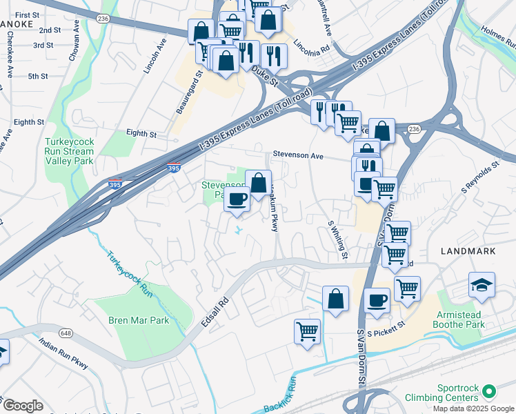 map of restaurants, bars, coffee shops, grocery stores, and more near 203 Yoakum Parkway in Alexandria