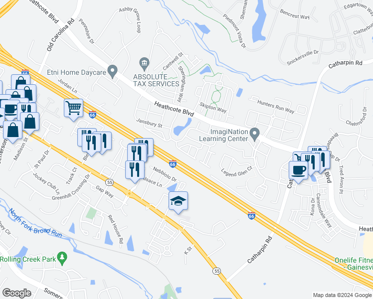map of restaurants, bars, coffee shops, grocery stores, and more near 6812 Sabbarton Place in Gainesville