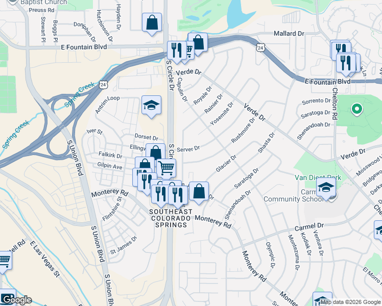 map of restaurants, bars, coffee shops, grocery stores, and more near 1539 Server Drive in Colorado Springs