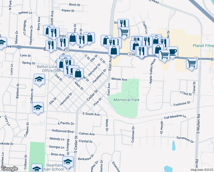 map of restaurants, bars, coffee shops, grocery stores, and more near 206 East Avenue in Belton