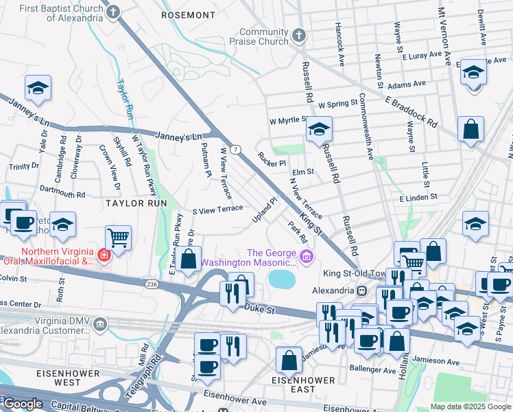 map of restaurants, bars, coffee shops, grocery stores, and more near 505 Hilltop Terrace in Alexandria