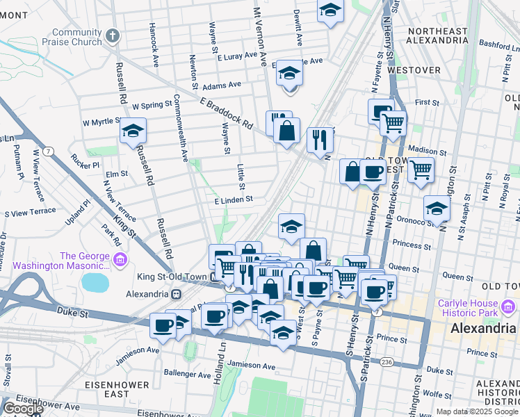 map of restaurants, bars, coffee shops, grocery stores, and more near 126 East Rosemont Avenue in Alexandria