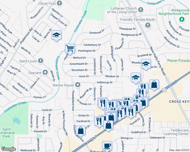 map of restaurants, bars, coffee shops, grocery stores, and more near 2141 Avon Drive in Florissant