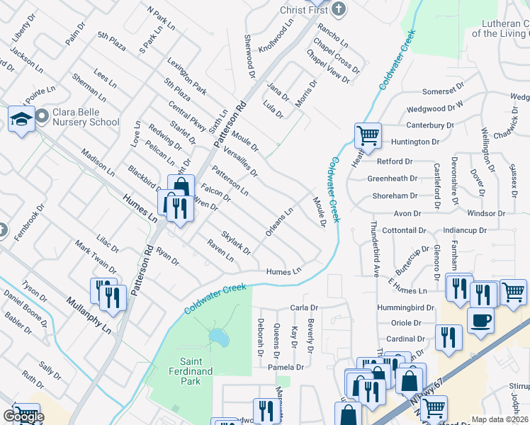map of restaurants, bars, coffee shops, grocery stores, and more near 390 Patterson Lane in Florissant