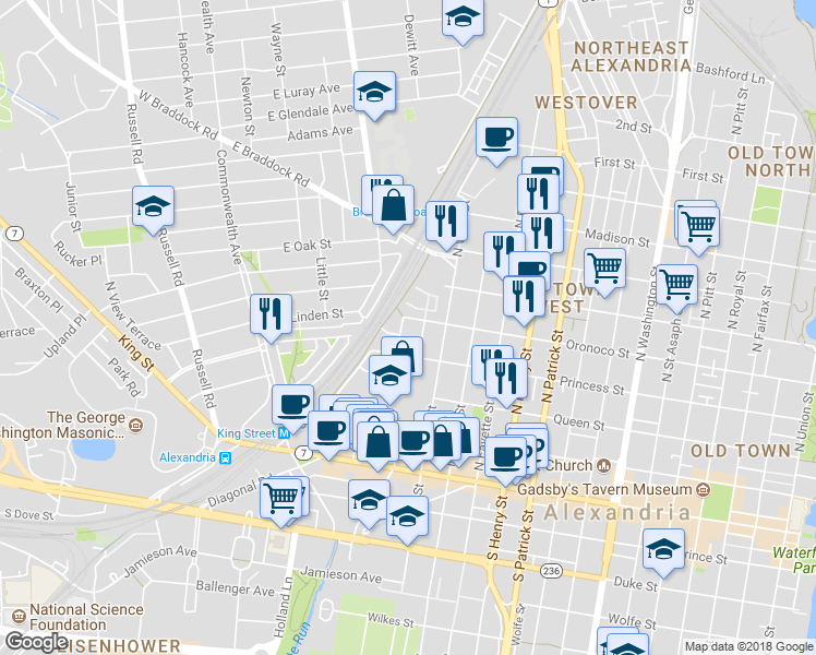 map of restaurants, bars, coffee shops, grocery stores, and more near 433 Earl Street in Alexandria
