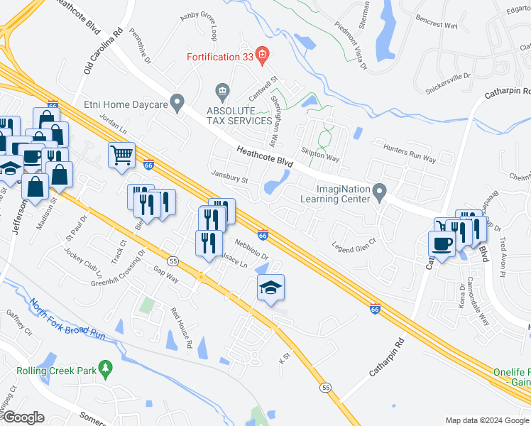 map of restaurants, bars, coffee shops, grocery stores, and more near 14475 Macon Grove Lane in Gainesville