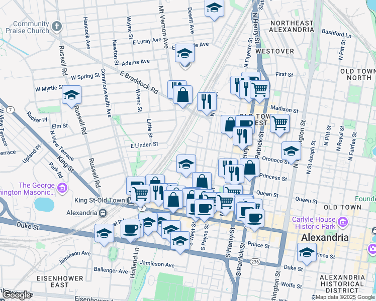 map of restaurants, bars, coffee shops, grocery stores, and more near 433 Earl Street in Alexandria