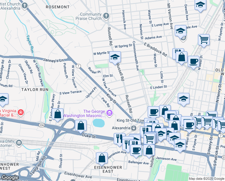 map of restaurants, bars, coffee shops, grocery stores, and more near 120 West Maple Street in Alexandria