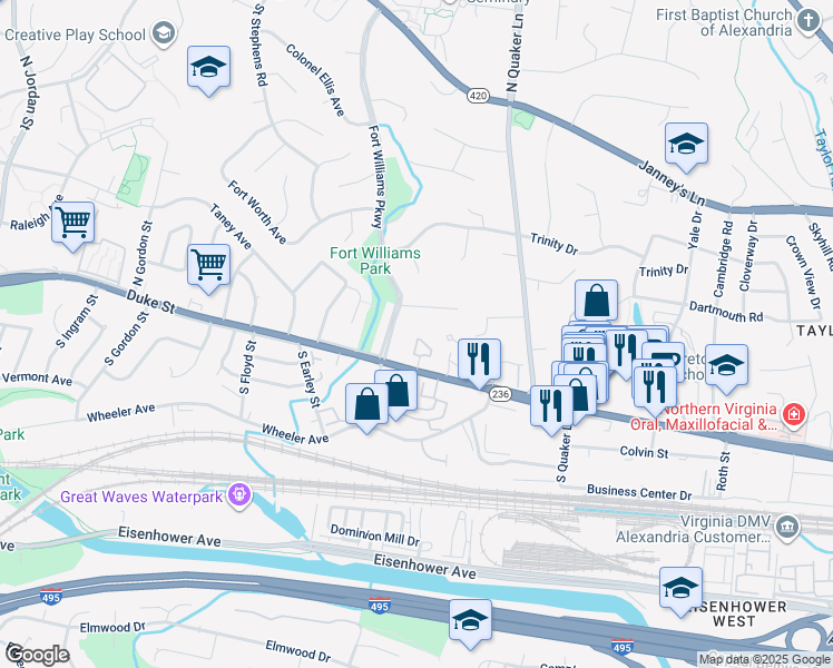 map of restaurants, bars, coffee shops, grocery stores, and more near 38 Carriage House Circle in Alexandria