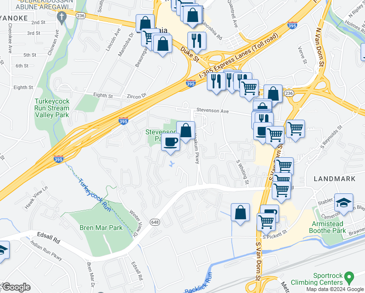 map of restaurants, bars, coffee shops, grocery stores, and more near 203 Yoakum Parkway in Alexandria