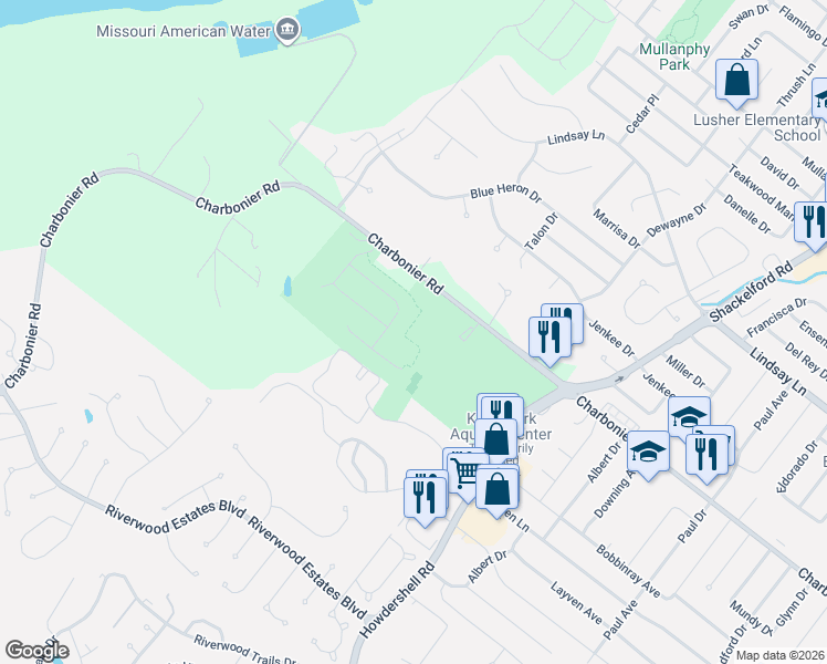 map of restaurants, bars, coffee shops, grocery stores, and more near 315 Howdershell Road in Florissant
