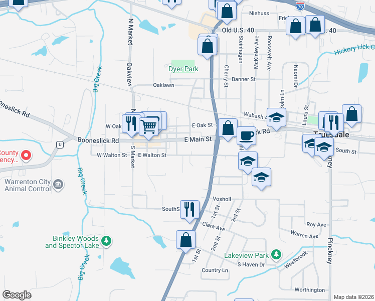 map of restaurants, bars, coffee shops, grocery stores, and more near 404 East Main Street in Warrenton