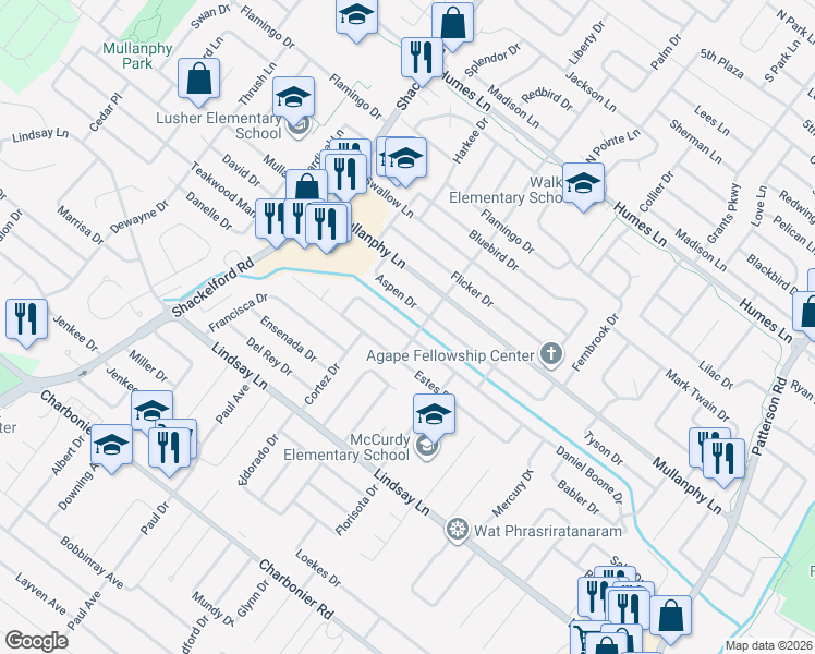 map of restaurants, bars, coffee shops, grocery stores, and more near 1440 Aspen Drive in Florissant
