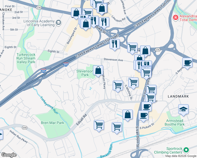 map of restaurants, bars, coffee shops, grocery stores, and more near 211 Yoakum Parkway in Alexandria