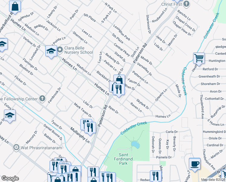 map of restaurants, bars, coffee shops, grocery stores, and more near 2055 Flight Drive in Florissant