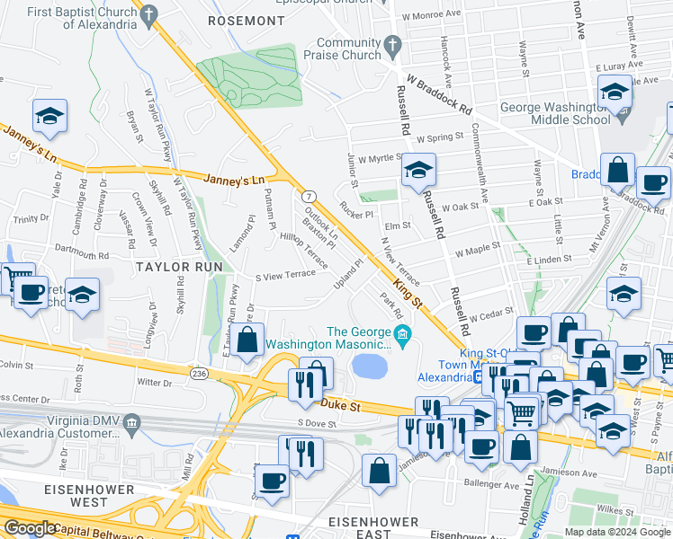 map of restaurants, bars, coffee shops, grocery stores, and more near 505 Hilltop Terrace in Alexandria