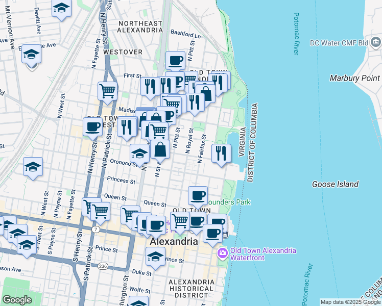 map of restaurants, bars, coffee shops, grocery stores, and more near 399 Pendleton Street in Alexandria