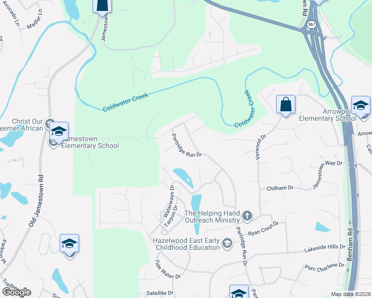 map of restaurants, bars, coffee shops, grocery stores, and more near 12954 Partridge Run Drive in Florissant