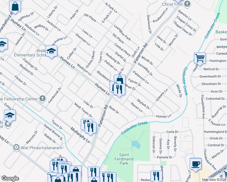 map of restaurants, bars, coffee shops, grocery stores, and more near 2055 Flight Drive in Florissant