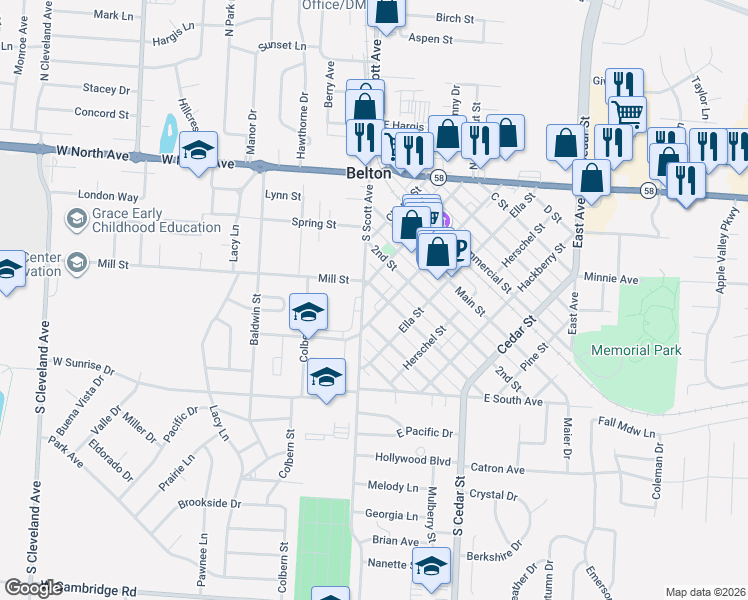 map of restaurants, bars, coffee shops, grocery stores, and more near 309 3rd Street in Belton