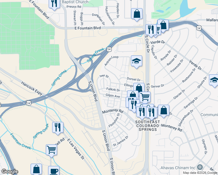 map of restaurants, bars, coffee shops, grocery stores, and more near 2188 Falkirk Drive in Colorado Springs