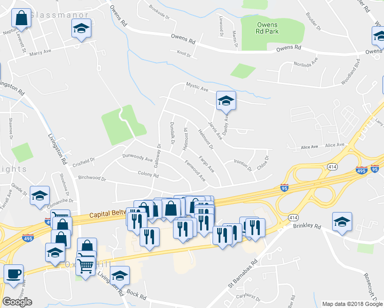 map of restaurants, bars, coffee shops, grocery stores, and more near 5605 Fargo Avenue in Oxon Hill
