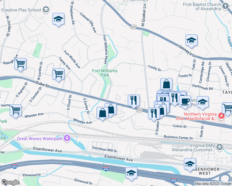 map of restaurants, bars, coffee shops, grocery stores, and more near 38 Carriage House Circle in Alexandria