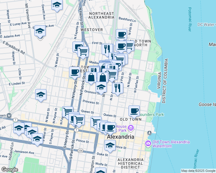map of restaurants, bars, coffee shops, grocery stores, and more near 521 South Washington Street in Alexandria