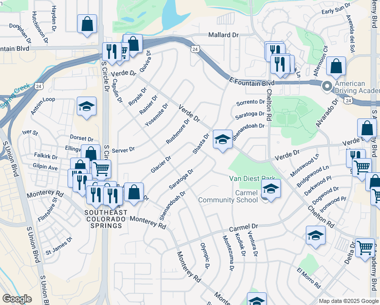 map of restaurants, bars, coffee shops, grocery stores, and more near 1512 Shasta Drive in Colorado Springs