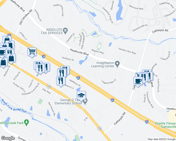 map of restaurants, bars, coffee shops, grocery stores, and more near 6801 Sabbarton Place in Gainesville
