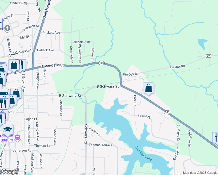 map of restaurants, bars, coffee shops, grocery stores, and more near 5 N Shore Dr in Edwardsville