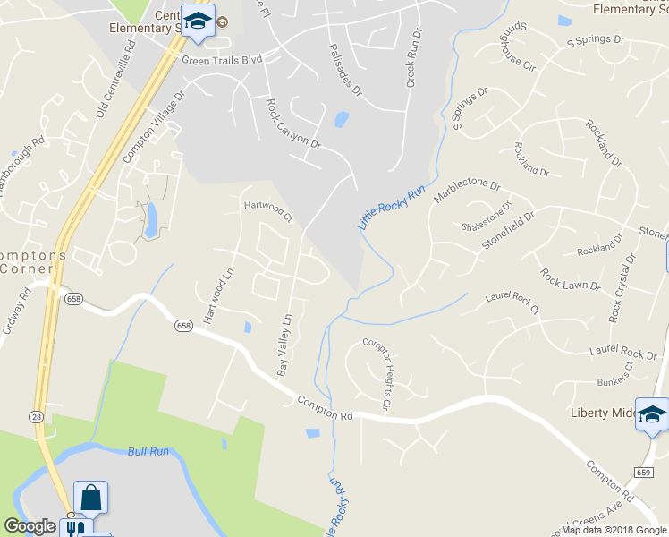 map of restaurants, bars, coffee shops, grocery stores, and more near 14133 Compton Valley Way in Centreville