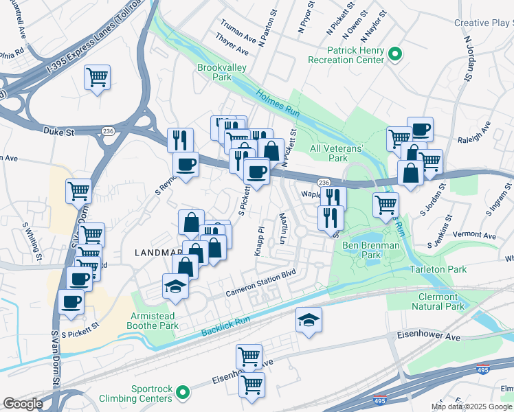 map of restaurants, bars, coffee shops, grocery stores, and more near Cambria Walk in Alexandria