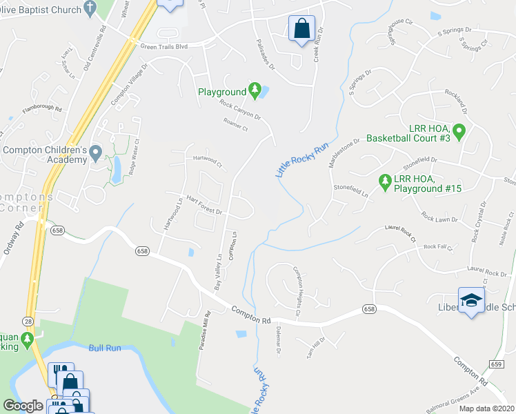 map of restaurants, bars, coffee shops, grocery stores, and more near 14133 Compton Valley Way in Centreville