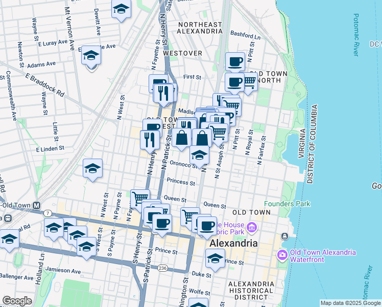 map of restaurants, bars, coffee shops, grocery stores, and more near 528 North Columbus Street in Alexandria