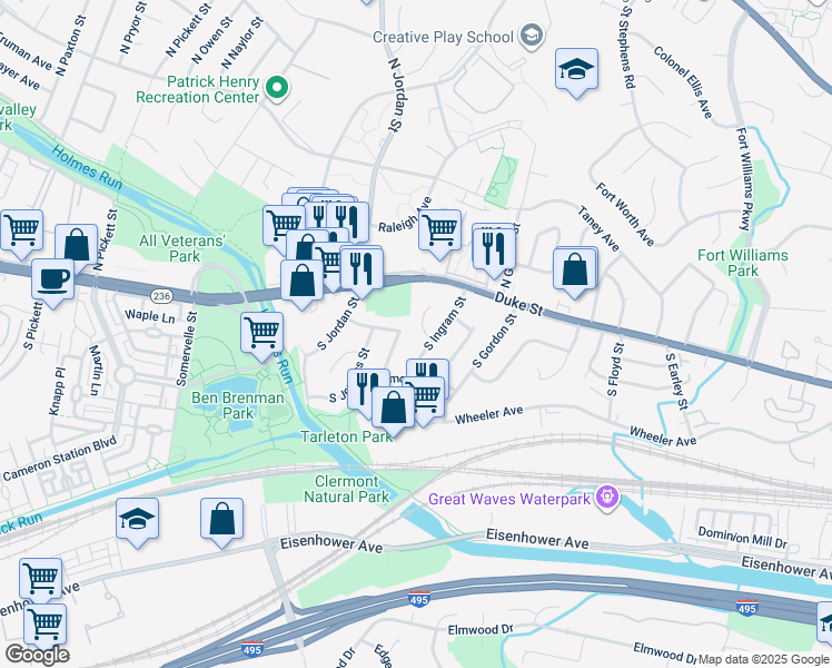 map of restaurants, bars, coffee shops, grocery stores, and more near 45 Underwood Place in Alexandria
