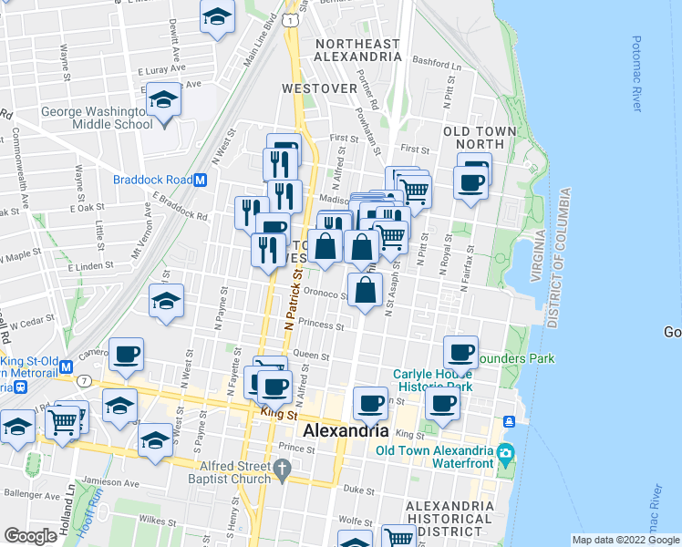 map of restaurants, bars, coffee shops, grocery stores, and more near 528 North Columbus Street in Alexandria
