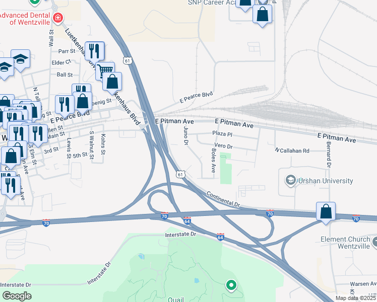 map of restaurants, bars, coffee shops, grocery stores, and more near 12 Juno Drive in Wentzville