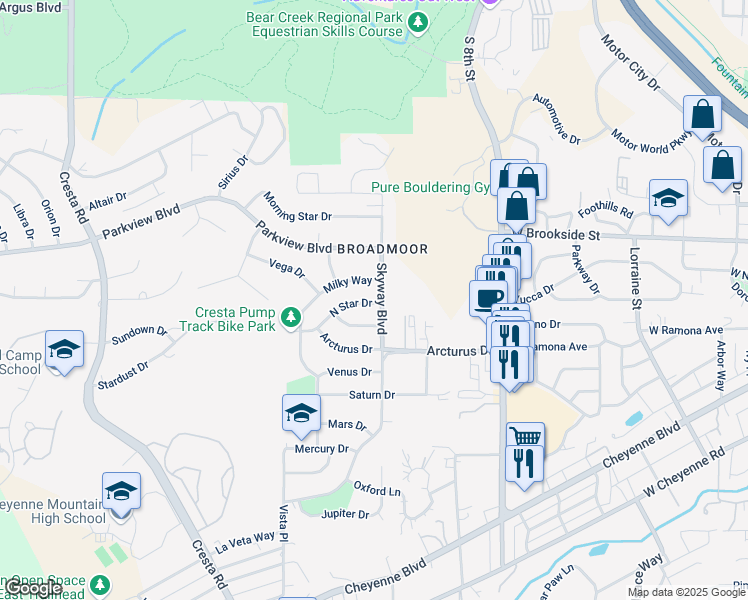 map of restaurants, bars, coffee shops, grocery stores, and more near 1005 Milky Way in Colorado Springs
