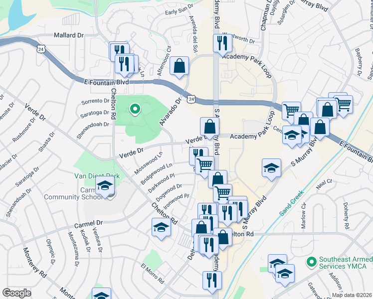 map of restaurants, bars, coffee shops, grocery stores, and more near 3645 Verde Drive in Colorado Springs