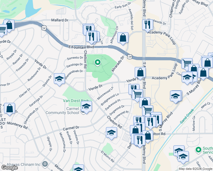 map of restaurants, bars, coffee shops, grocery stores, and more near 3542 Verde Drive in Colorado Springs