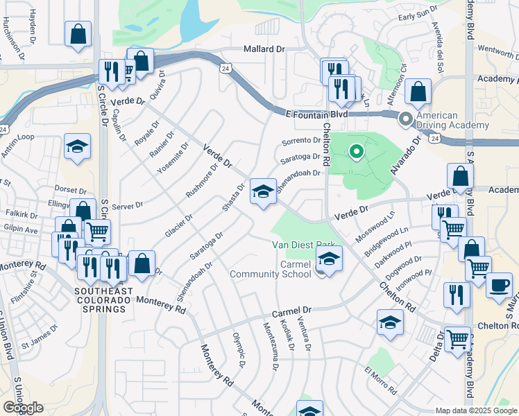 map of restaurants, bars, coffee shops, grocery stores, and more near 1520 Verde Drive in Colorado Springs
