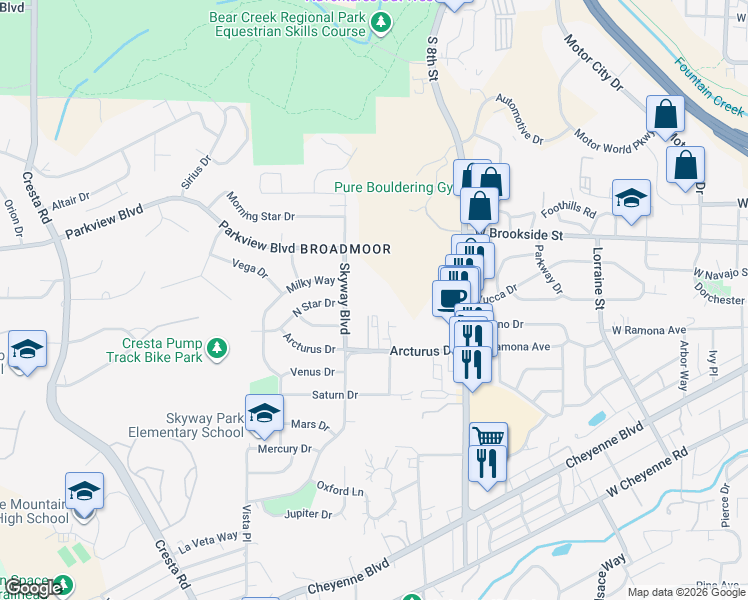 map of restaurants, bars, coffee shops, grocery stores, and more near 831 Skyway Boulevard in Colorado Springs