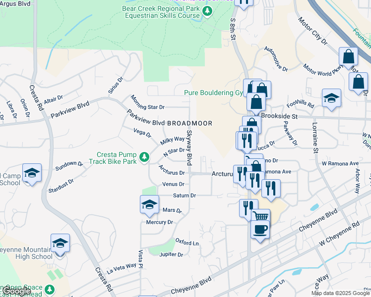 map of restaurants, bars, coffee shops, grocery stores, and more near 1005 Milky Way in Colorado Springs