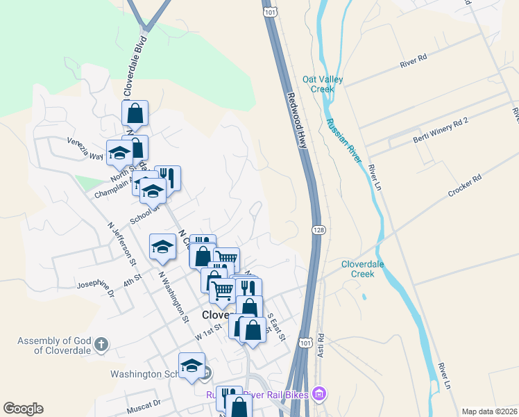 map of restaurants, bars, coffee shops, grocery stores, and more near in Cloverdale