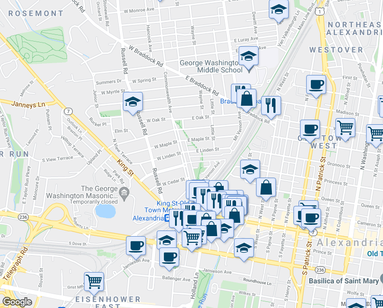 map of restaurants, bars, coffee shops, grocery stores, and more near 307 Commonwealth Avenue in Alexandria